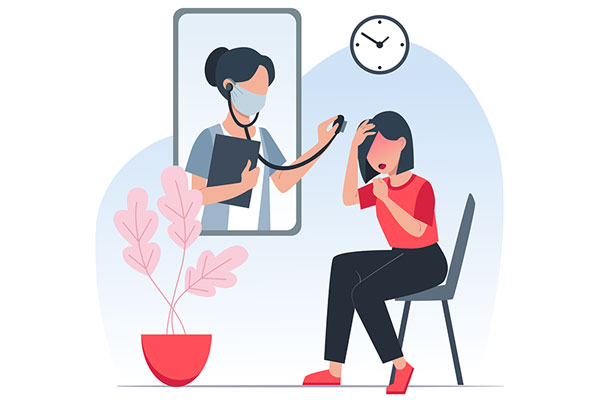 Illustration of a woman coughing and a clinician coming out of a phone screen