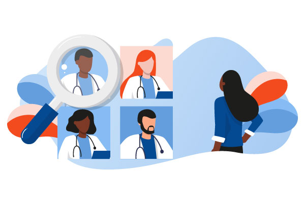 Illustration of a woman looking at a screen with 4 clinicians on